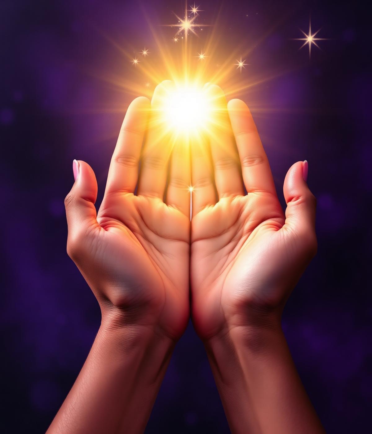 Open hands holding radiant healing light